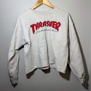 Thrasher Magazine Grey Cropped Crewneck Sweatshirt Distressed Stained Smal